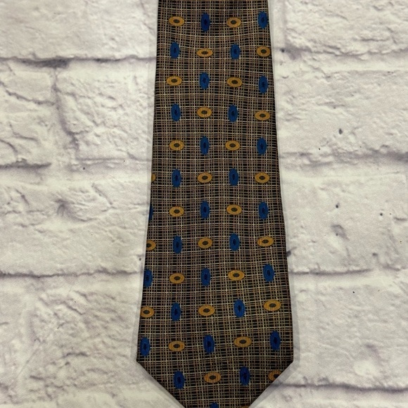 Anthime Mouley 100% Silk Tie Made in France Luxury Blue Gold Yellow Geometric - Picture 4 of 4